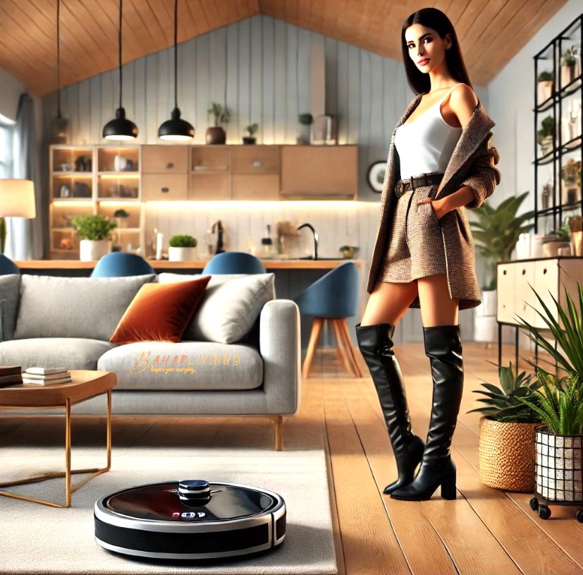 A stylish woman observing a modern robot vacuum cleaner in a contemporary living room, showcasing a clean and organized space with warm lighting and elegant decor.