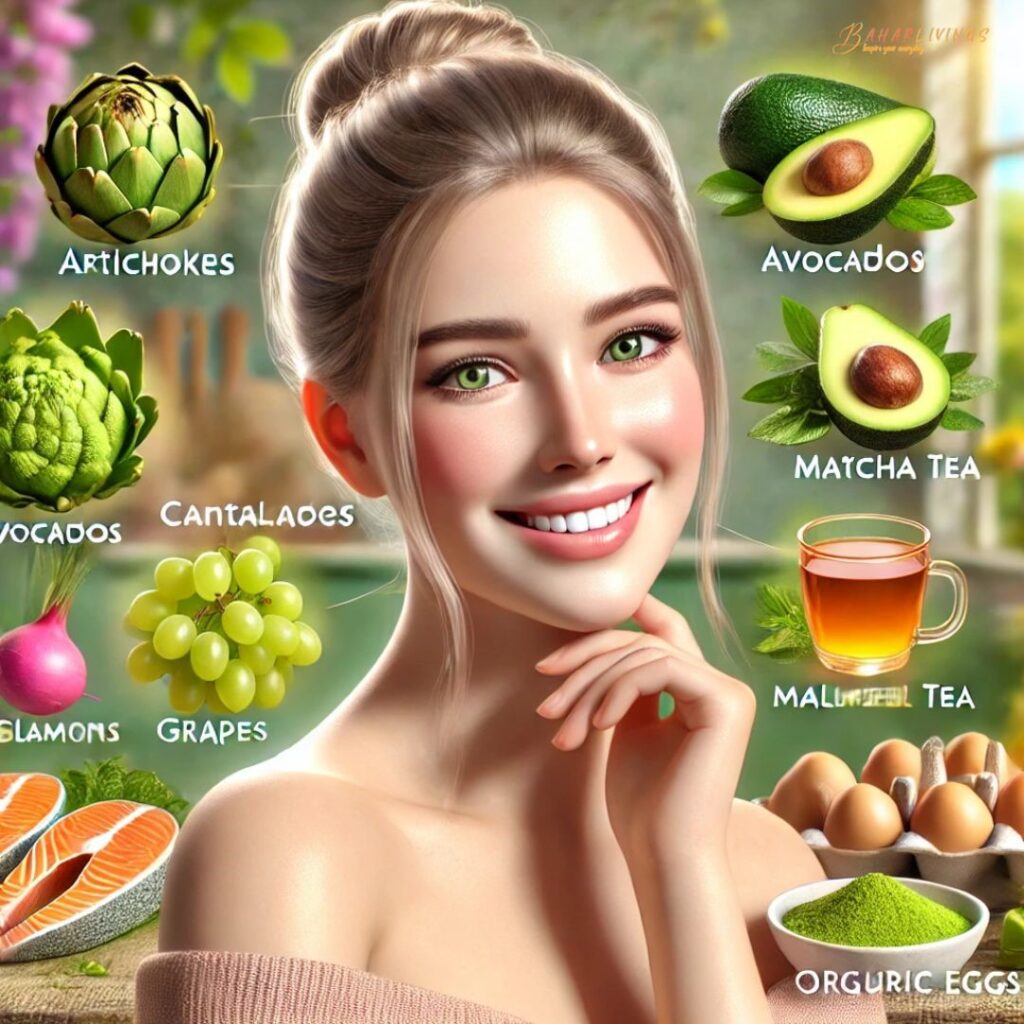 Colorful fruits and vegetables representing the best foods for glowing skin, highlighting ingredients like turmeric, organic eggs, and matcha tea