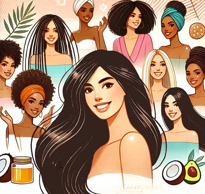 Confident, diverse women with glossy, healthy hair, showcasing natural beauty tips for hair growth. Warm pastel background with subtle icons of coconut, avocado, and castor oil, highlighting Baharlivings' natural hair care approach.