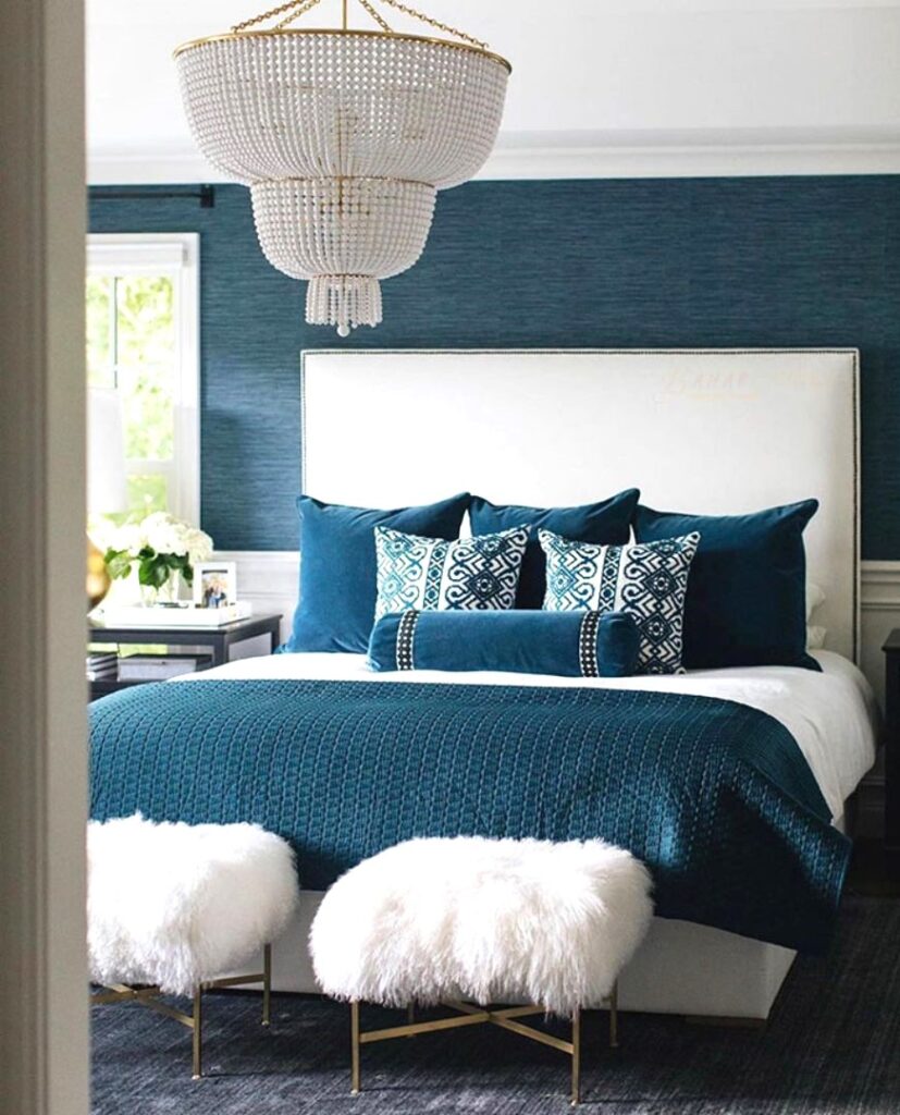 Cozy blue and white master bedroom 