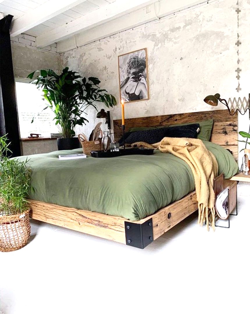 Spacious greenish industrial style master bedroom 