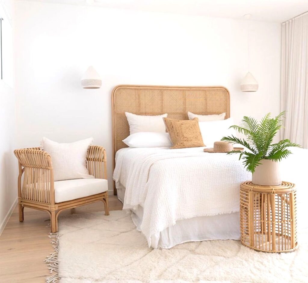 Rattan themed bright bedroom