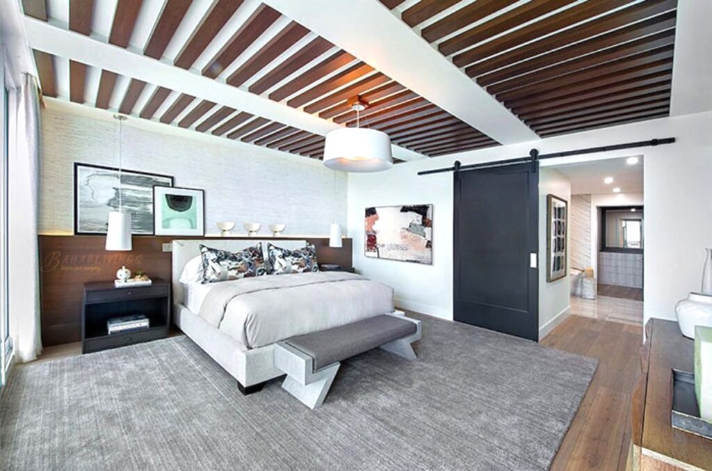 Spacious bright bedroom with unique ceiling